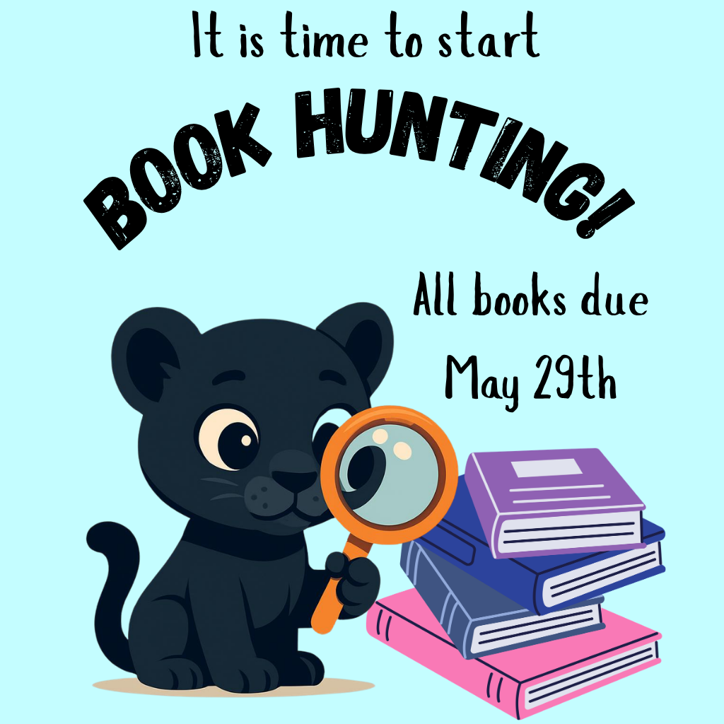 panther with magnifying glass looking for books
